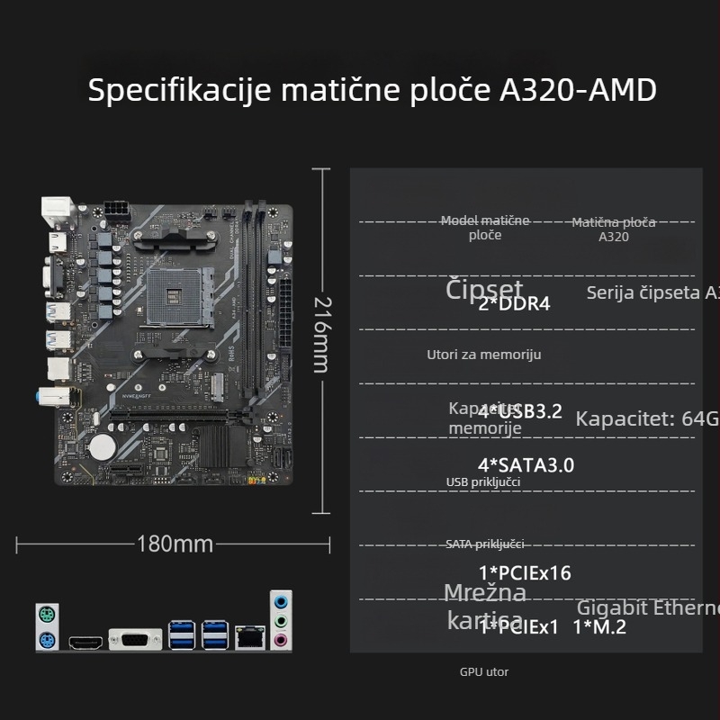 AMD Ryzen AM4 A320 desktop matična ploča s podrškom DDR4 memorije, M.2 sučelje, kompatibilna s AM4 CPU-ima