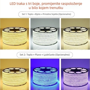 LED traka 220V za vanjsku upotrebu, trobojno podešavanje svjetla i promjena boje, ambijentalno rasvjetavanje plafona, vodootporno