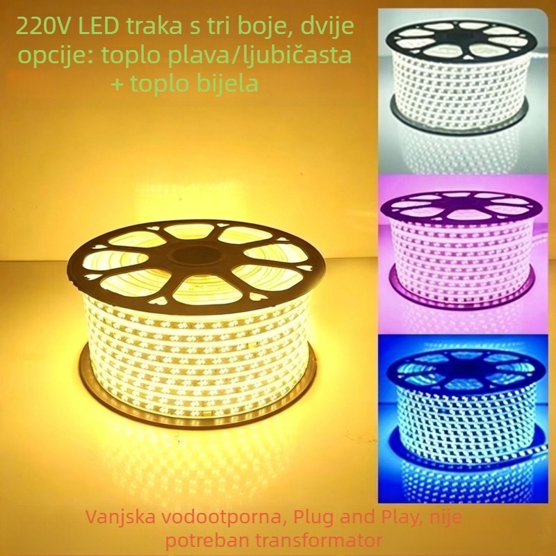 LED traka 220V za vanjsku upotrebu, trobojno podešavanje svjetla i promjena boje, ambijentalno rasvjetavanje plafona, vodootporno