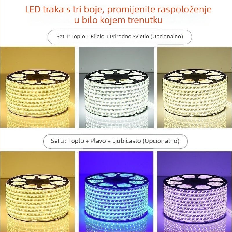 LED traka 220V za vanjsku upotrebu, trobojno podešavanje svjetla i promjena boje, ambijentalno rasvjetavanje plafona, vodootporno