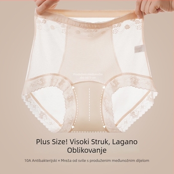 Ženske gaćice visokog struka, plus veličina, mrežasti materijal, podstava od Mulberry svile, poluprozirna čipka