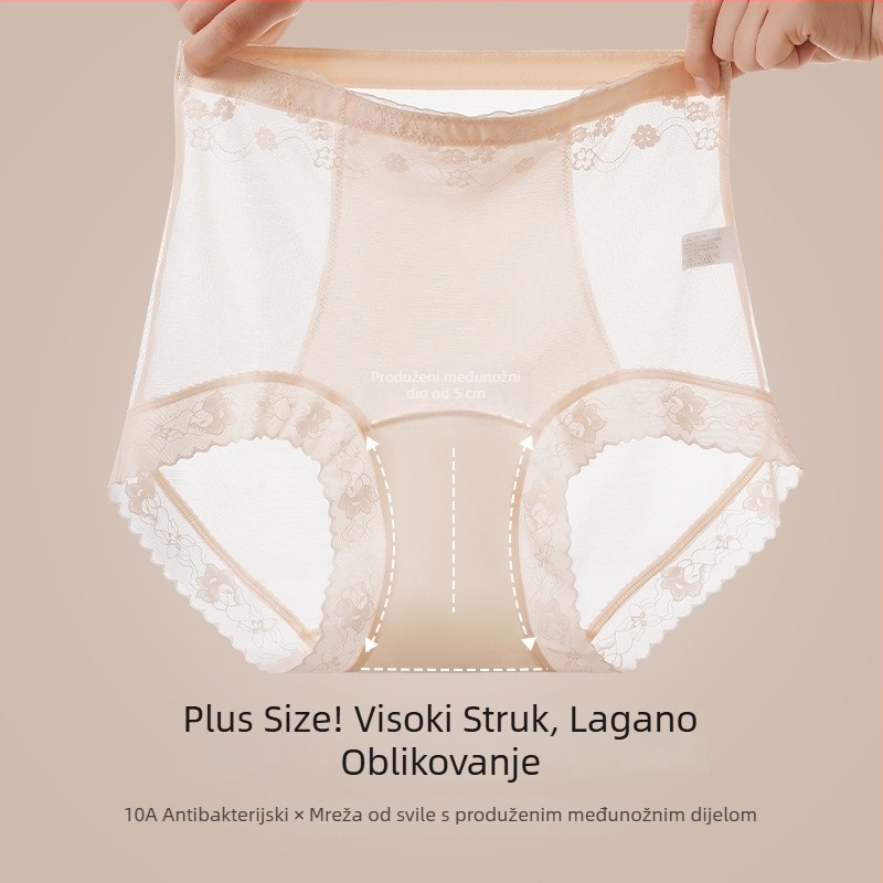 Ženske gaćice visokog struka, plus veličina, mrežasti materijal, podstava od Mulberry svile, poluprozirna čipka