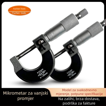 Vanjski mikrometer s rasponom 0-100 mm (0-25-50-75-100) za mjerenje vanjskog promjera i debljine, rezolucija 0,01 mm.