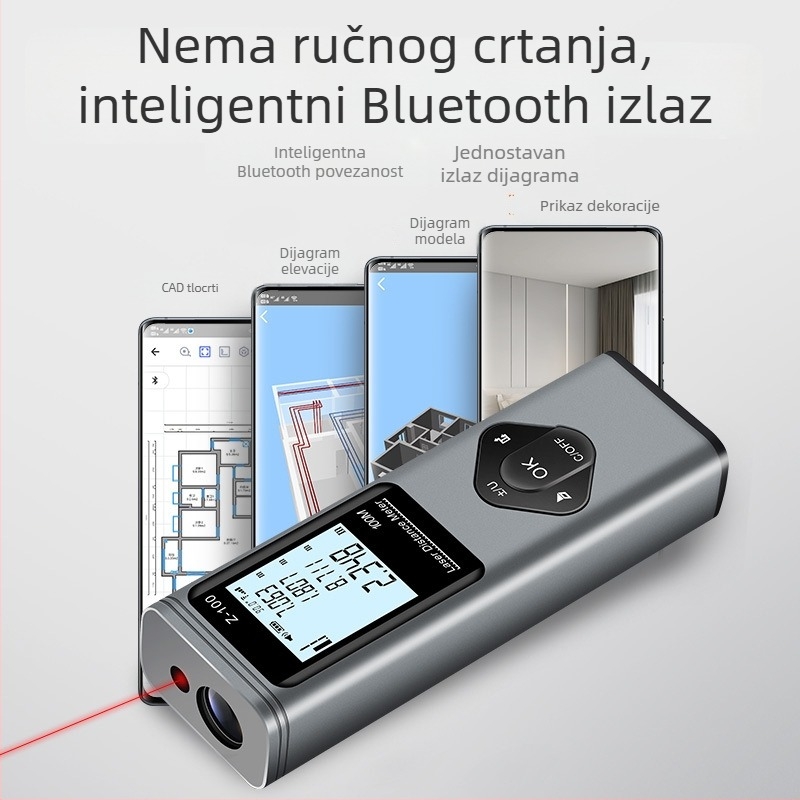 Zhenbing 3-u-1 laserski mjerač udaljenosti, ručni infracrveni mjerač, križna linija, Bluetooth za crtanje prostora
