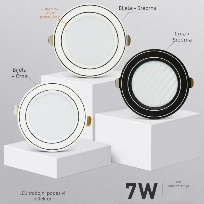 Fuzhao LED ugrađeni downlight s tri boje, 2,5 inča, aluminijsko kućište, otvor 75 mm, svjetlo za dnevnu sobu u stropu