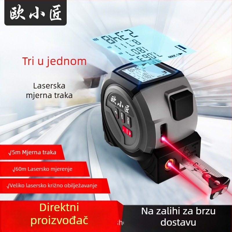 Visokoprecizni laserski mjerač udaljenosti s infracrvenim dometom, čelična mjerna traka s križnim oznakama – digitalno ravnalo