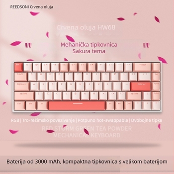 Red Fury H68 Sakura tema, mehanička tipkovnica s RGB sa tri načina, Bluetooth bežično, plavi prekidač, hot-swappable