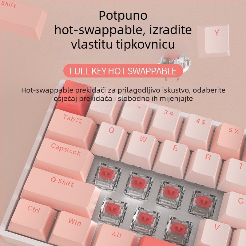 Red Fury H68 Sakura tema, mehanička tipkovnica s RGB sa tri načina, Bluetooth bežično, plavi prekidač, hot-swappable