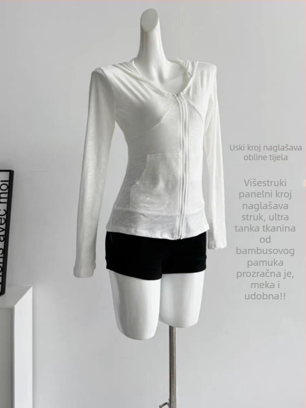 Jianmanni Ženski hooded T-shirt s kapuljicom i zatvaračem, UV zaštita, dugi rukav, uski kroj, oblikovanje struka, sportski top za ljeto
