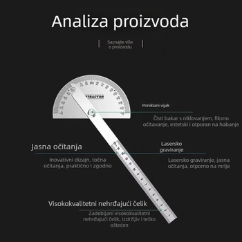 Univerzalno kutno ravnalo od nehrđajućeg čelika za obradu drveta, precizno mjerenje kutova s polukružnom skalom