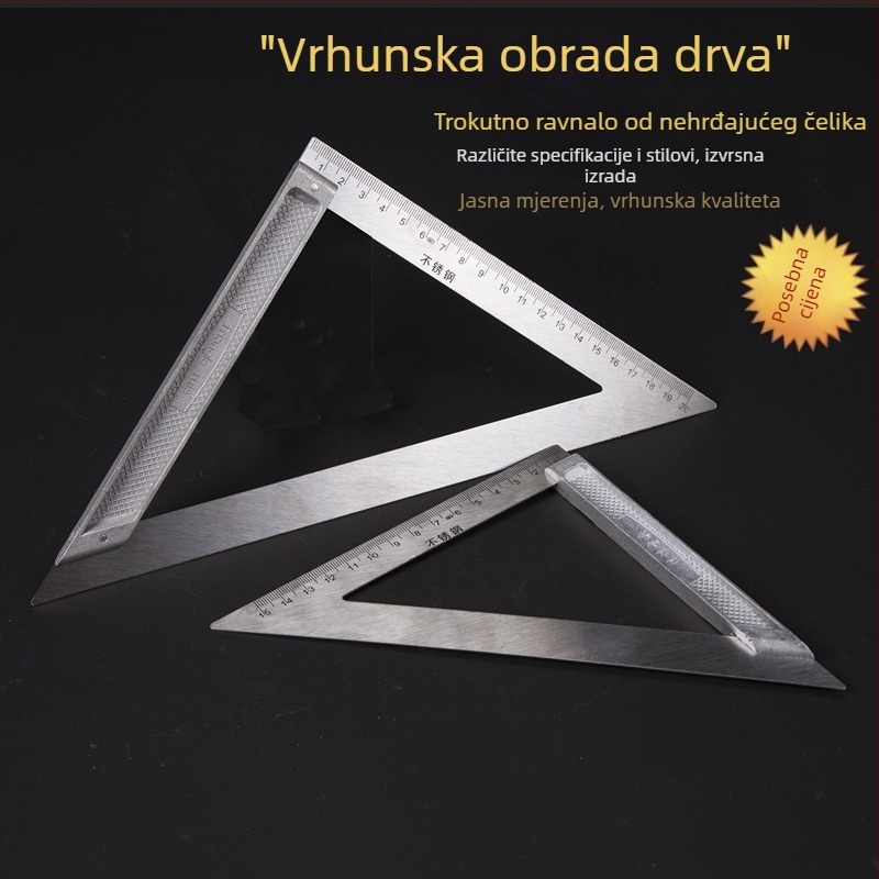 Ravnalo od nehrđajućeg čelika s 45° kutom i trokutasti mjerni alat, dužine 150/200 mm