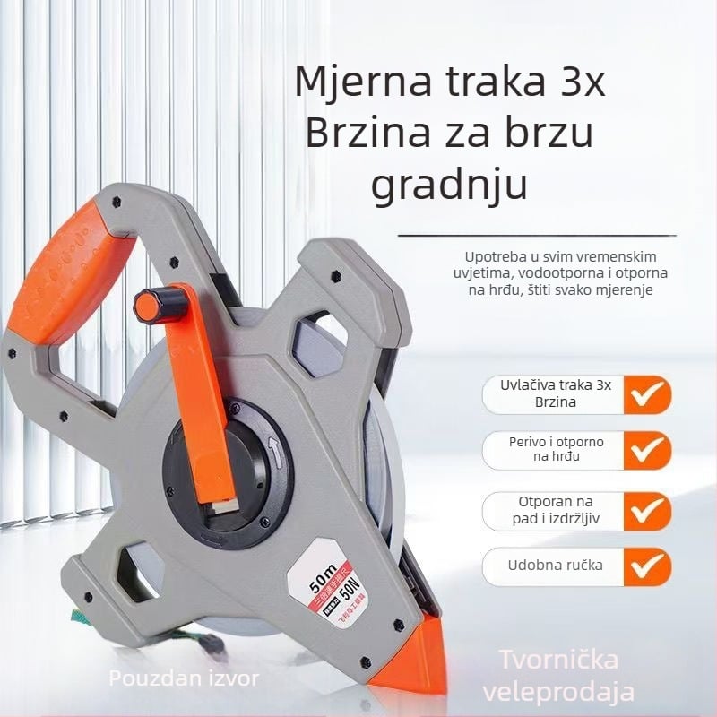 Najlon premazani čelični mjerni remen, 50 m, inženjerska mjera za gradilišta, otporna na koroziju i izdržljiva