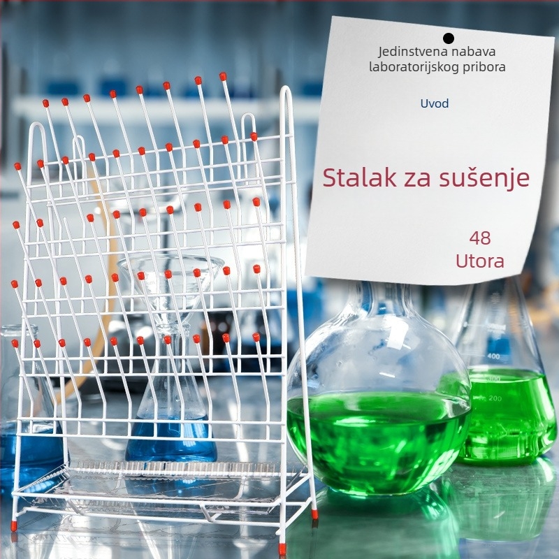 Set laboratorijskih staklenih posuda: mjerna čaša, kolba, volumetrička kolba, bočica reagensa, stalak za kapljice i odvod; željezni okvir s prahom premazom; kapaciteti 32/48/55 ml