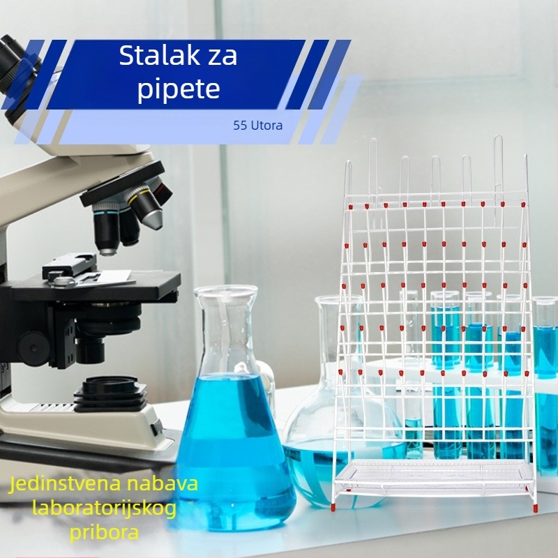 Set laboratorijskih staklenih posuda: mjerna čaša, kolba, volumetrička kolba, bočica reagensa, stalak za kapljice i odvod; željezni okvir s prahom premazom; kapaciteti 32/48/55 ml
