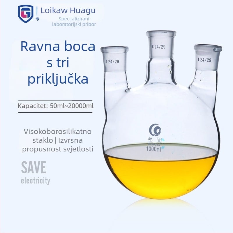 Liegu trostruka vratna staklena reakcijska kolba, borosilikatno staklo, debeli zidovi, okruglo dno, laboratorijska, 500–1000 ml
