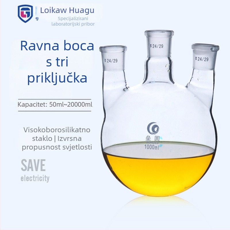 Liegu trostruka vratna staklena reakcijska kolba, borosilikatno staklo, debeli zidovi, okruglo dno, laboratorijska, 500–1000 ml