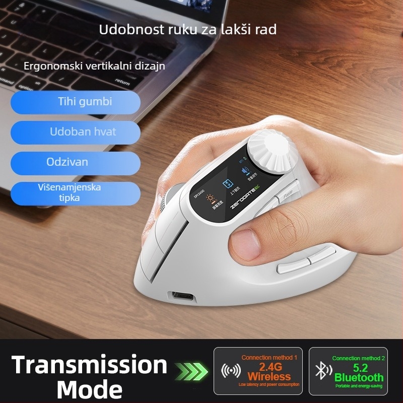 Bežični Bluetooth miš, ergonomski vertikalni dizajn, višenamjenski za srednje i velike ruke, punjiv, dvostruki režim 2,4 GHz za ured