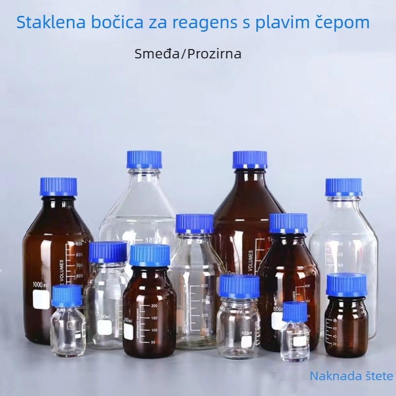 Prozirna staklena bočica za reagense s plavim poklopcem za kemijski laboratorij