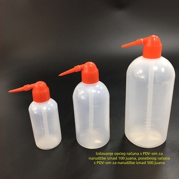 Plastična boca za pranje s bijelim ili crvenim poklopcem, dostupna u 250 ml, 500 ml i 1000 ml; plastična boca s bijelim ili crvenim otvorom.