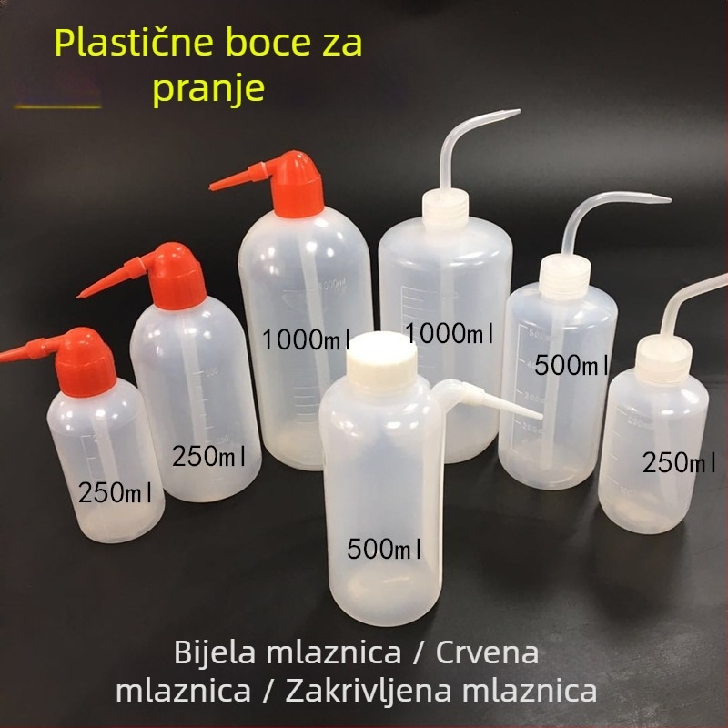 Plastična boca za pranje s bijelim ili crvenim poklopcem, dostupna u 250 ml, 500 ml i 1000 ml; plastična boca s bijelim ili crvenim otvorom.