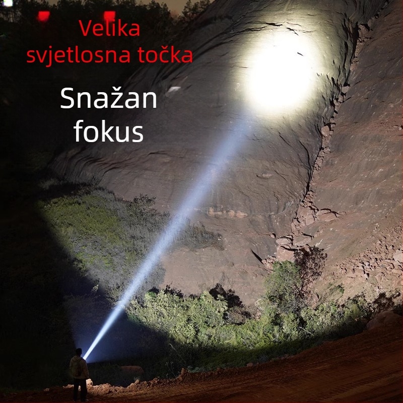 Prenosna punjiva ručna svjetiljka za vanjsku upotrebu, vrlo jaka, dugi domet, visoka snaga, velik kapacitet baterije.