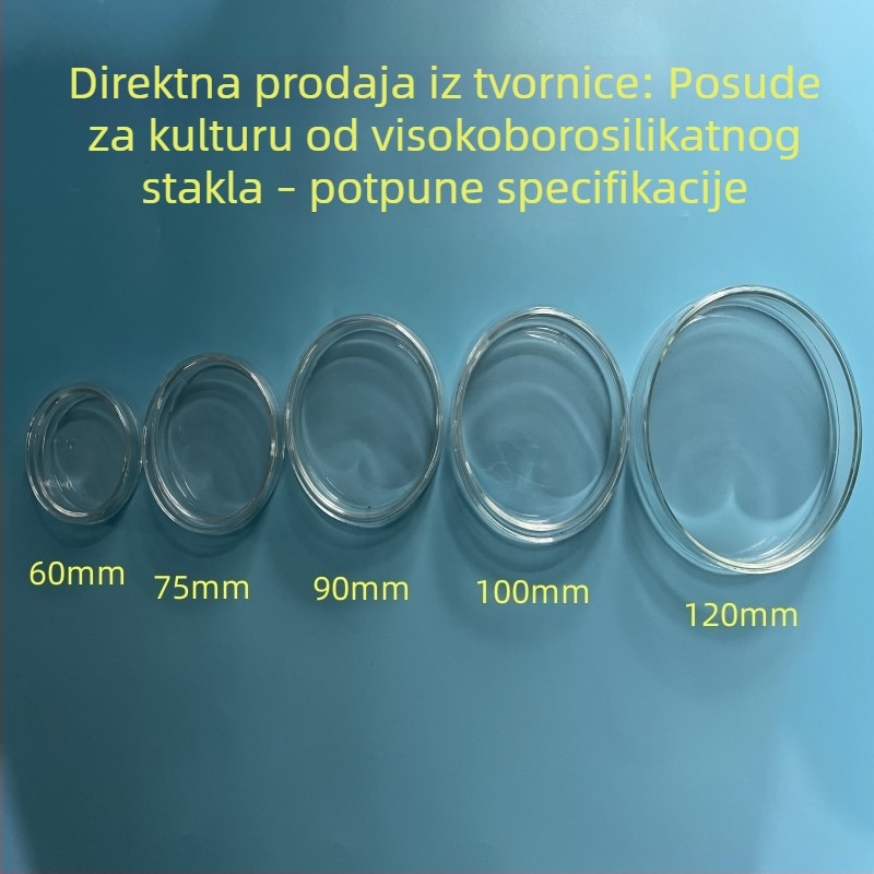 Posuda za kulturu od borosilikatnog stakla s poklopcem, ravna, otporna na visoke temperature, sterilna, za biološka istraživanja stanica, promjer 90 mm