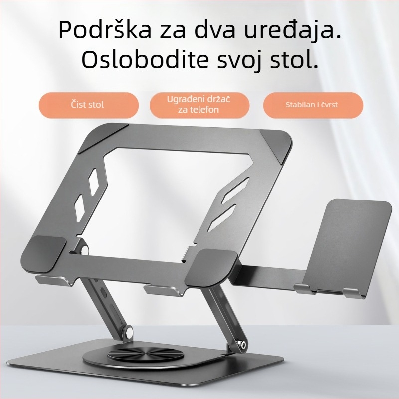 Stojak za laptop od legure čelika s 360° rotacijom, podesivom visinom i sklopivim dizajnom, hlađenje radne površine