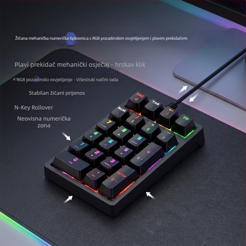 K21 21‑tipkovnica sa žičanim povezivanjem, RGB pozadinsko osvjetljenje i plavi mehanički prekidači