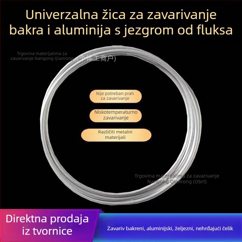 Nisko‑temperaturna bakreno‑aluminijska žica s fluxom i šipke za zavarivanje bakreno‑aluminijskih cijevi u hladnjacima i klima‑uređajima; šipke za zavarivanje bakra, željeza, aluminija i nehrđajućeg čelika plamenom