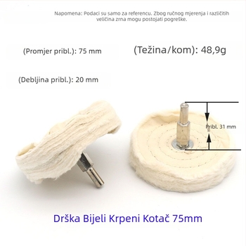 T-oblik ručka, bijeli platneni kotač za poliranje s metalnim ogledalom; kotač za poliranje s voskom i platnom od pamuka velur; 6 mm osovina.
