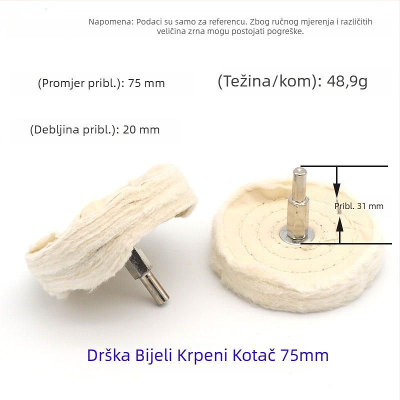T-oblik ručka, bijeli platneni kotač za poliranje s metalnim ogledalom; kotač za poliranje s voskom i platnom od pamuka velur; 6 mm osovina.