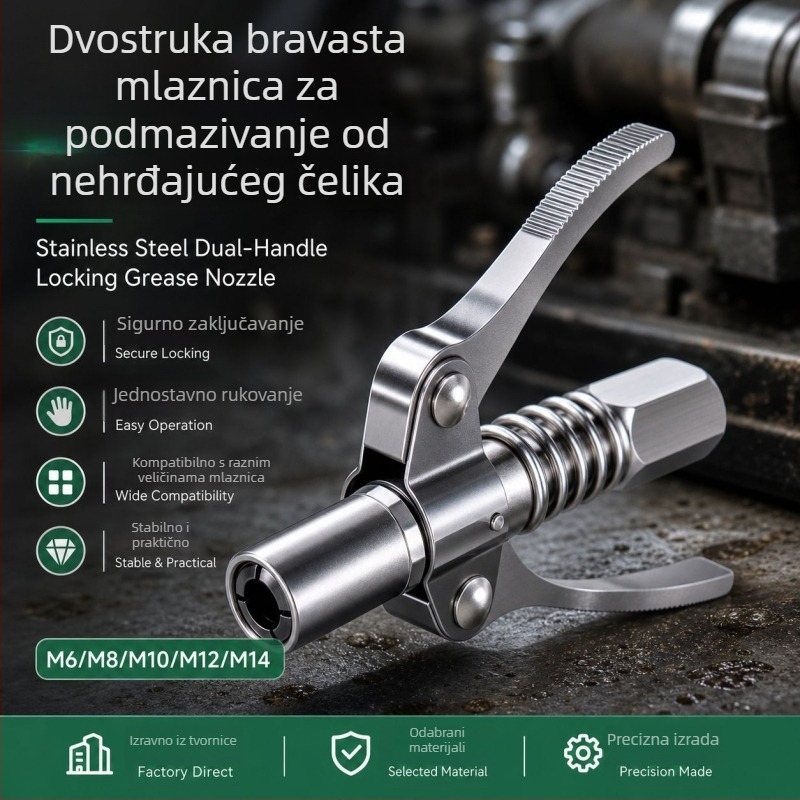 Dvoručni samouz zaključavajući visokotlačni mlaznik za mast, plosni mlaz, univerzalna glava za pištolj za mast
