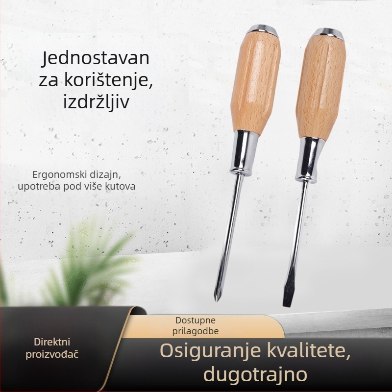 Višestruki odvijač s drvenom ručkom i kromiranim okom — križni i ravni vrh