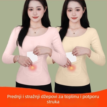 Ženska termo majica s prednjim i stražnjim džepovima, flis podstava, debela, za jesen-zimu, sloj baze