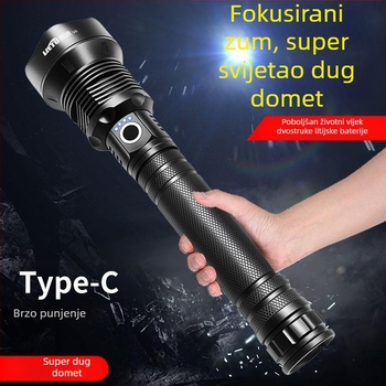 Svjetiljka s produljenim dometom, četverojezgrena visokoučinkovita ultra-sjajna sa zum funkcijom, punjiva s dvije baterije, za kampiranje i dugi domet