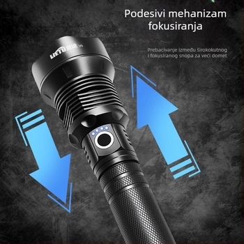 Svjetiljka s produljenim dometom, četverojezgrena visokoučinkovita ultra-sjajna sa zum funkcijom, punjiva s dvije baterije, za kampiranje i dugi domet