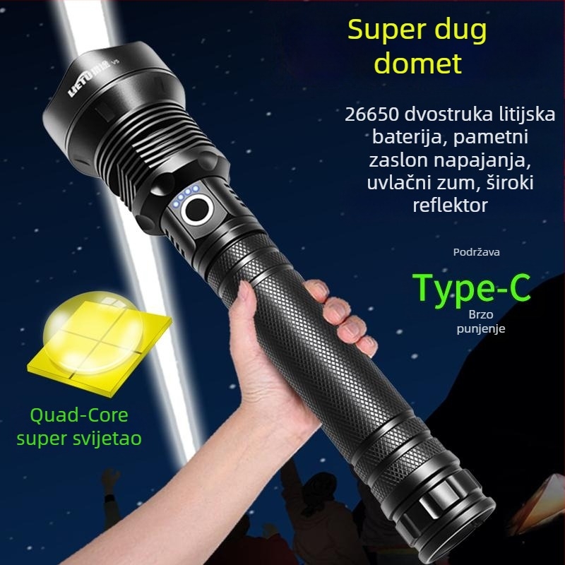 Svjetiljka s produljenim dometom, četverojezgrena visokoučinkovita ultra-sjajna sa zum funkcijom, punjiva s dvije baterije, za kampiranje i dugi domet