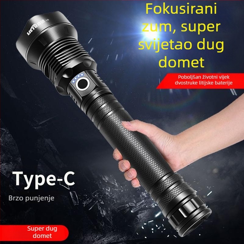 Svjetiljka s produljenim dometom, četverojezgrena visokoučinkovita ultra-sjajna sa zum funkcijom, punjiva s dvije baterije, za kampiranje i dugi domet