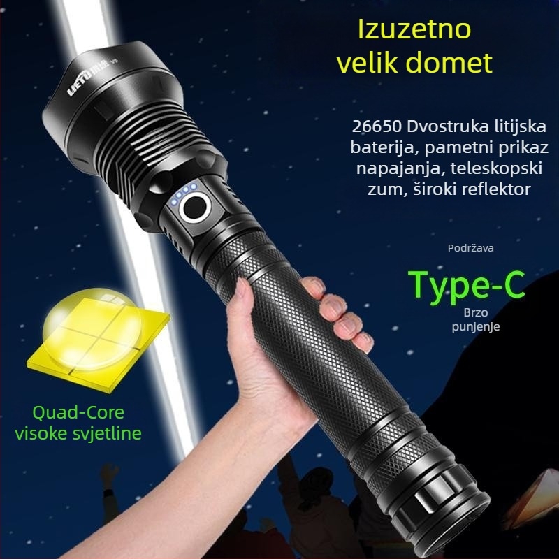 Svjetiljka s produljenim dometom, četverojezgrena visokoučinkovita ultra-sjajna sa zum funkcijom, punjiva s dvije baterije, za kampiranje i dugi domet