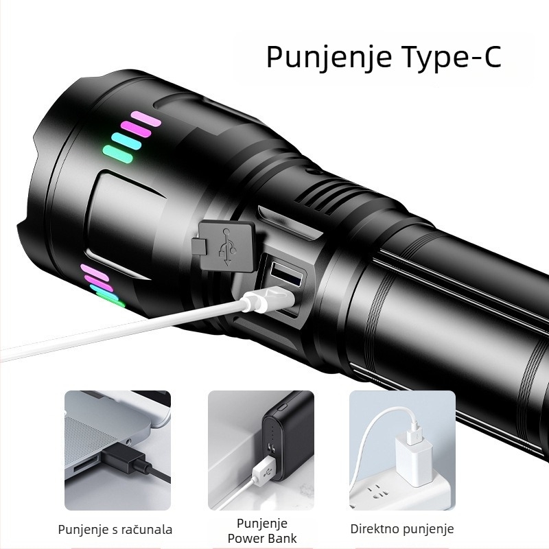 50W LED svjetiljka od aluminijske legure s bijelim laserom, zum, domet 500 m, USB punjenje, 4800mAh, Power Bank funkcija, 360° rotirajuća glava, višenamjenska