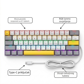K61 61‑tipkovnica s mehaničkim prekidačima plavim, crvenim, smeđim i crnim, odvojivi USB-C kabel, RGB osvjetljenje, za igranje