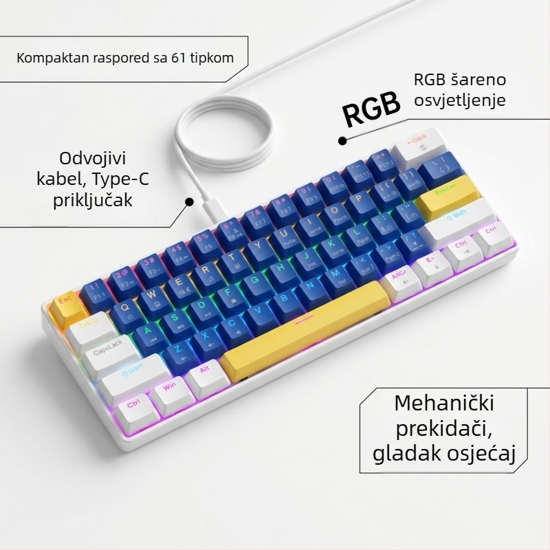 K61 61‑tipkovnica s mehaničkim prekidačima plavim, crvenim, smeđim i crnim, odvojivi USB-C kabel, RGB osvjetljenje, za igranje