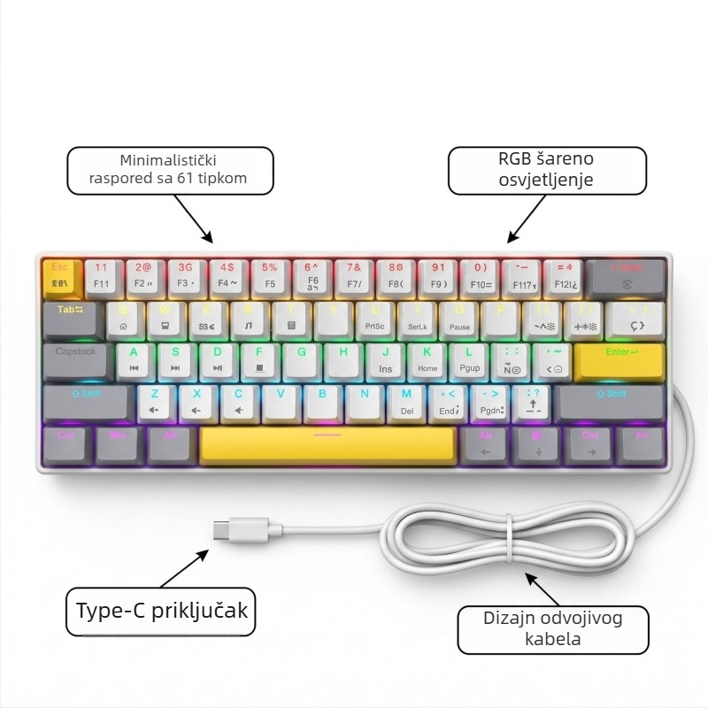 K61 61‑tipkovnica s mehaničkim prekidačima plavim, crvenim, smeđim i crnim, odvojivi USB-C kabel, RGB osvjetljenje, za igranje