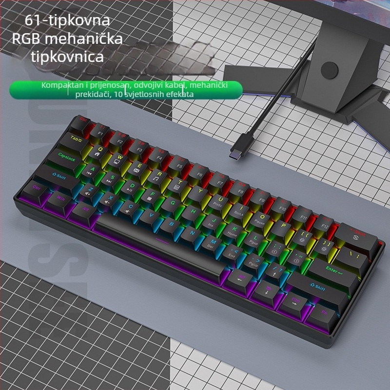 K61 61‑tipkovnica s mehaničkim prekidačima plavim, crvenim, smeđim i crnim, odvojivi USB-C kabel, RGB osvjetljenje, za igranje