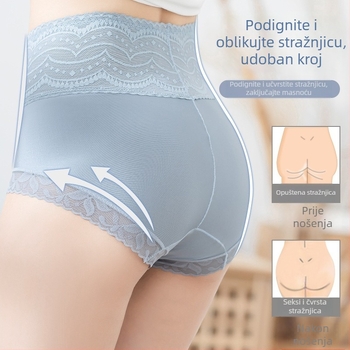 Ženske gaćice s visokim strukom za oblikovanje abdomena, pamukasta podstava, antibakterijske, plus veličina, prozračna čipka