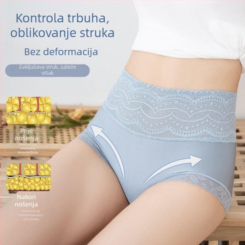 Ženske gaćice s visokim strukom za oblikovanje abdomena, pamukasta podstava, antibakterijske, plus veličina, prozračna čipka