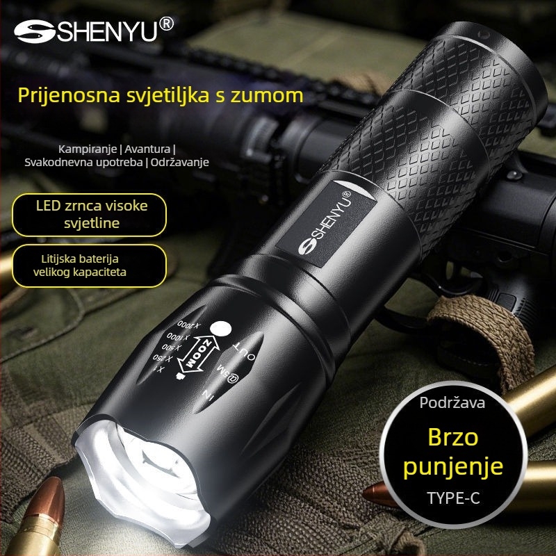 T6 Zoom LED svjetiljka – kompaktna, ultra jaka s dugim dometom, punjiva, za kampiranje i kućnu upotrebu.