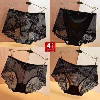 Set od 4 komada čipkasto mrežastih prozirnih gaćica za žene, bez šavova, sportski stil, tanak materijal, plus size, srednje visoki pojas, crna