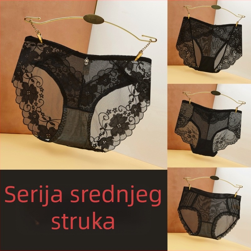 Set od 4 komada čipkasto mrežastih prozirnih gaćica za žene, bez šavova, sportski stil, tanak materijal, plus size, srednje visoki pojas, crna