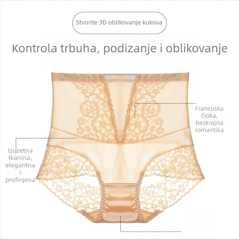 008 Ženske gaćice visokog pasa s čipkom, satinom i pamukom, prozračne, kontrola trbuha i podizanje bokova